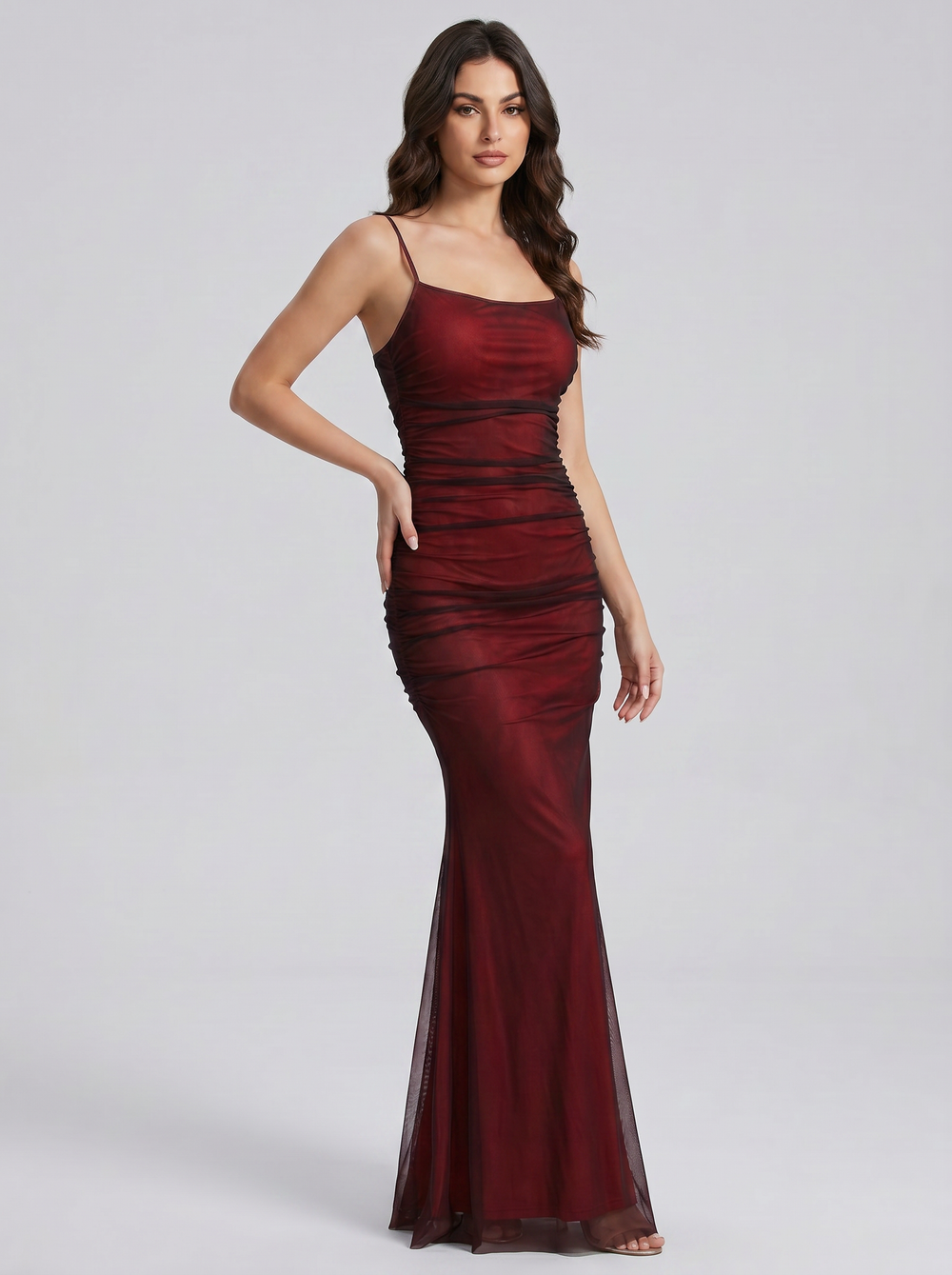 Scarlett Ruched Mesh Maxi - Velvet Elan