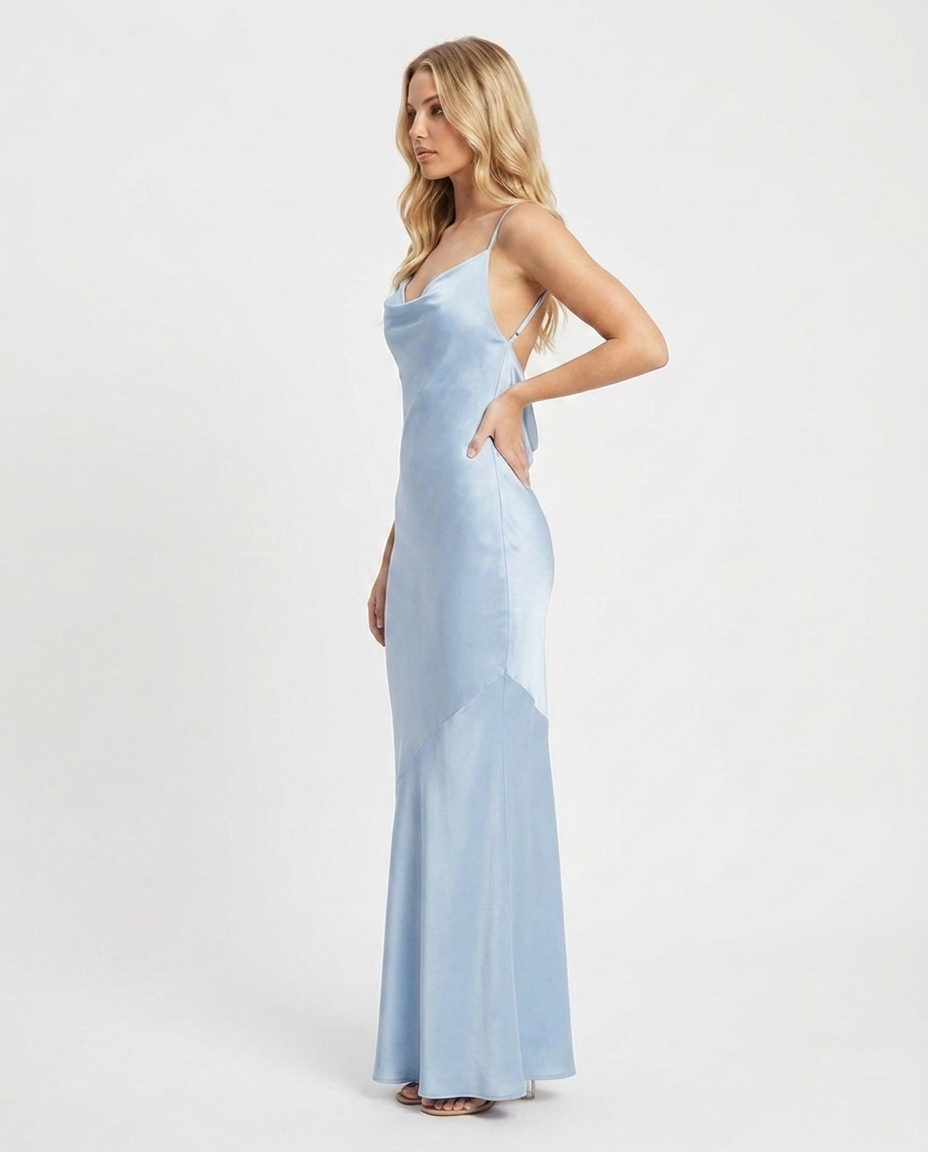 Blue Satin Cowl Maxi