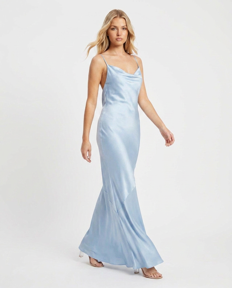 Blue Satin Cowl Maxi