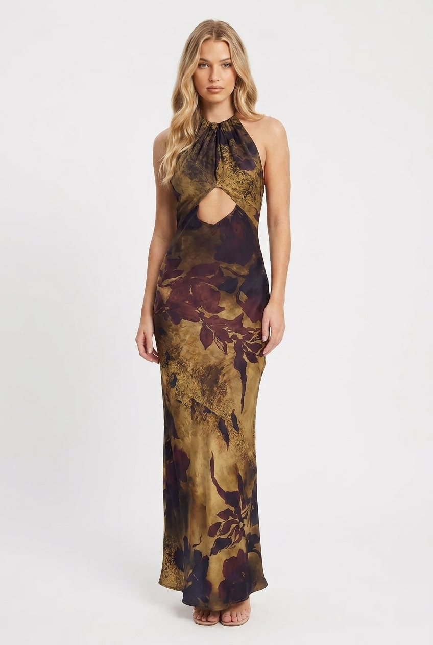 Gold Floral Halter Maxi - Velvet Elan