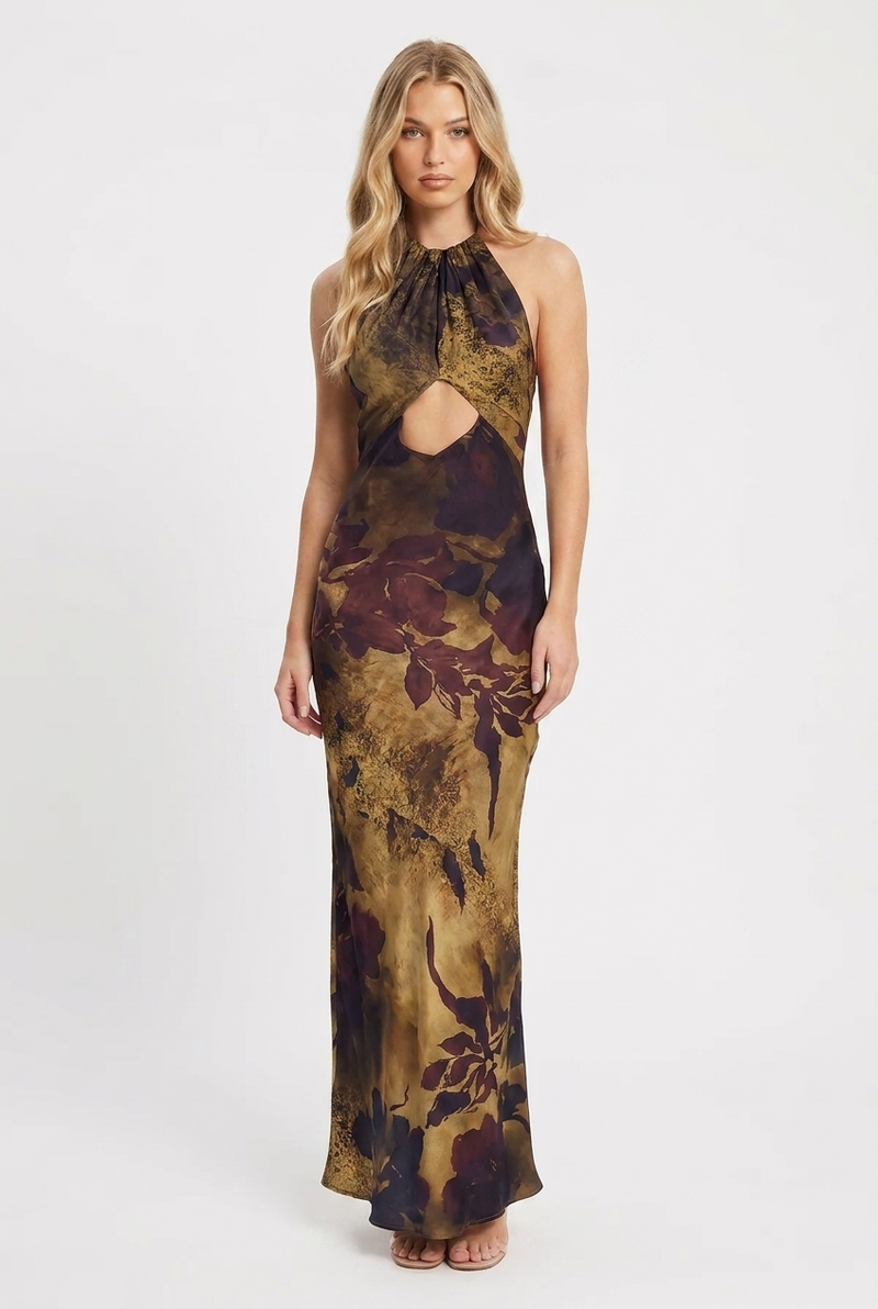 Gold Floral Halter Maxi
