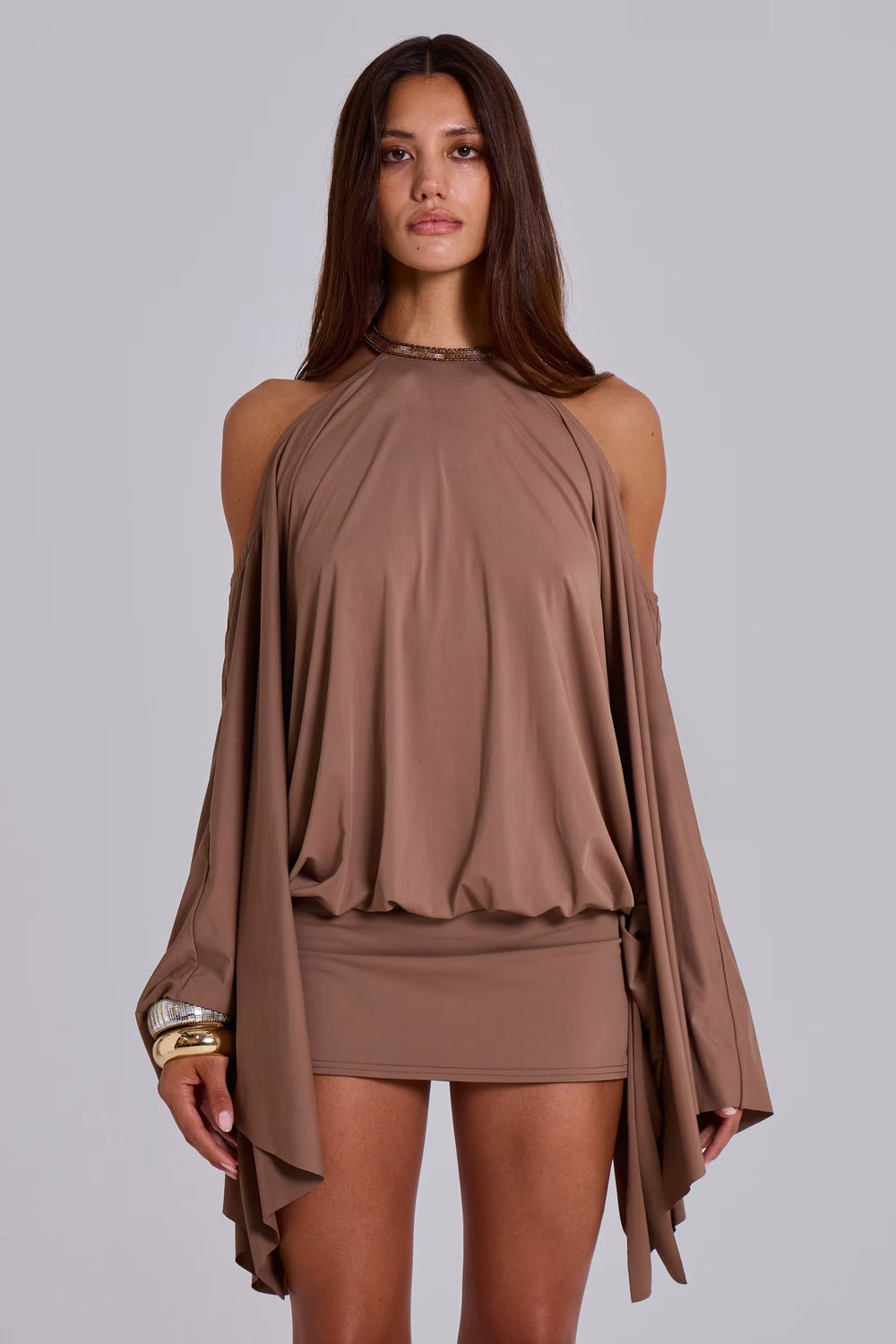 Mocha Cape Mini Dress - Velvet Elan