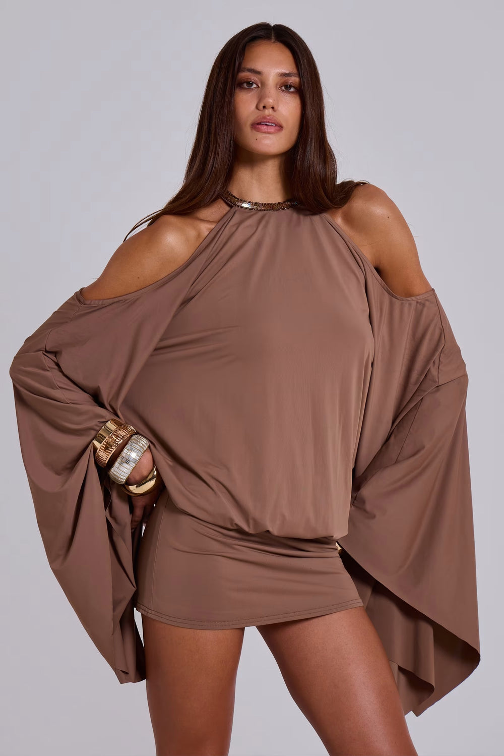 Mocha Cape Mini Dress - Velvet Elan