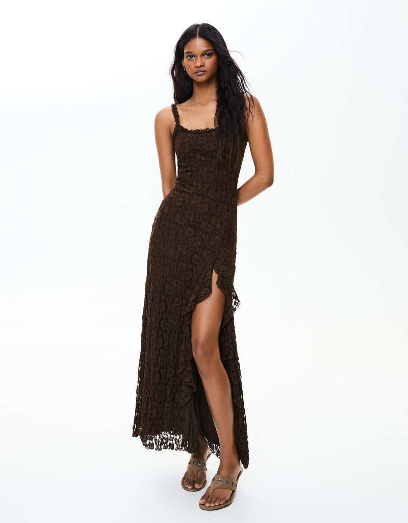 Brown Lace Slit Maxi